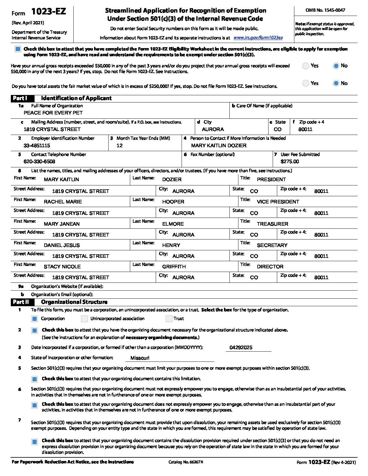 Form 1023-EZ Page 1
