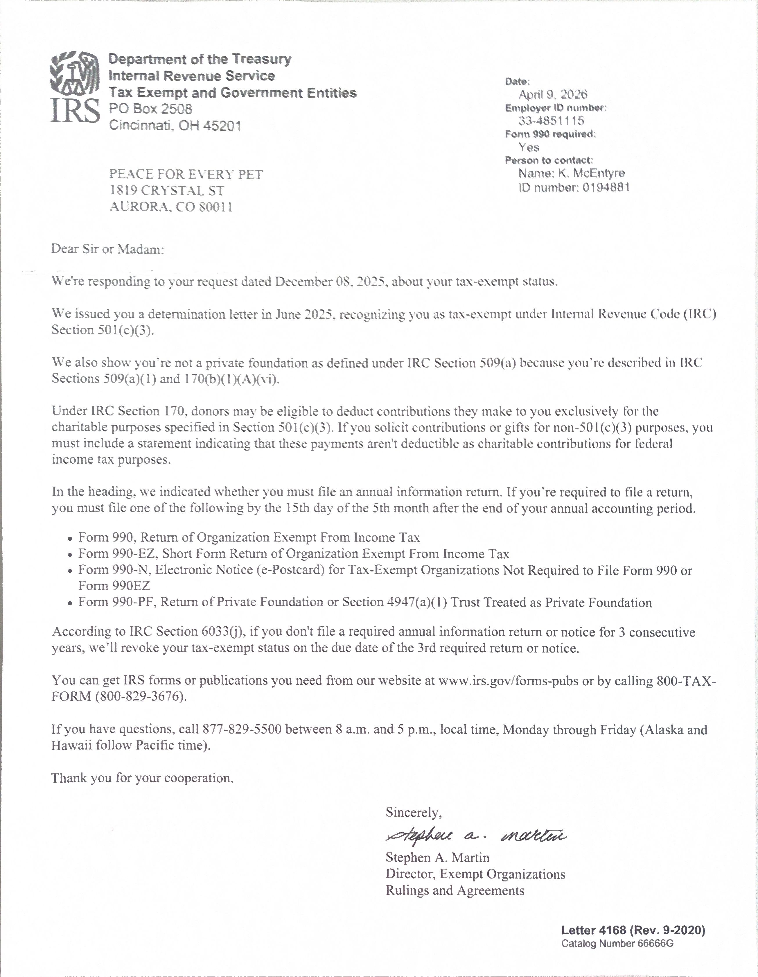 Peace for Every Pet Letter of Affirmation from the IRS